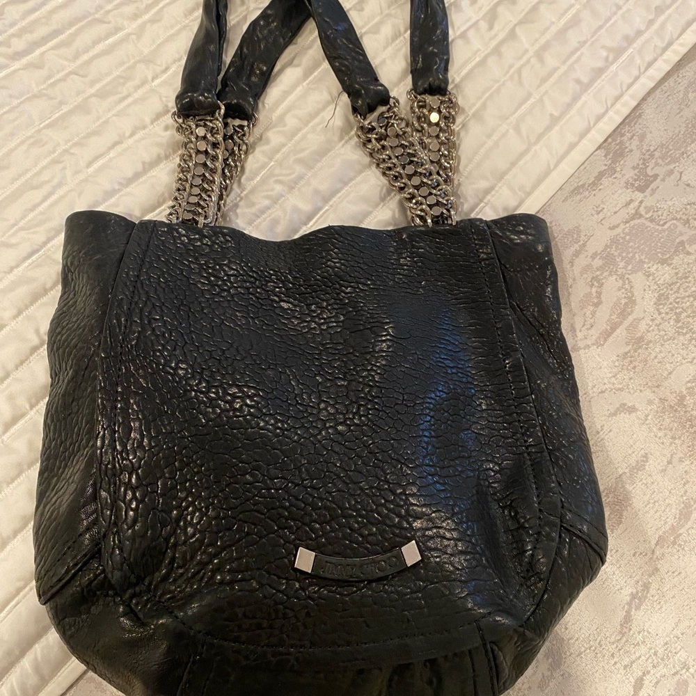 Jimmy Choo Nica Leather Tote. Black Silver Hardware Pebbled Leather